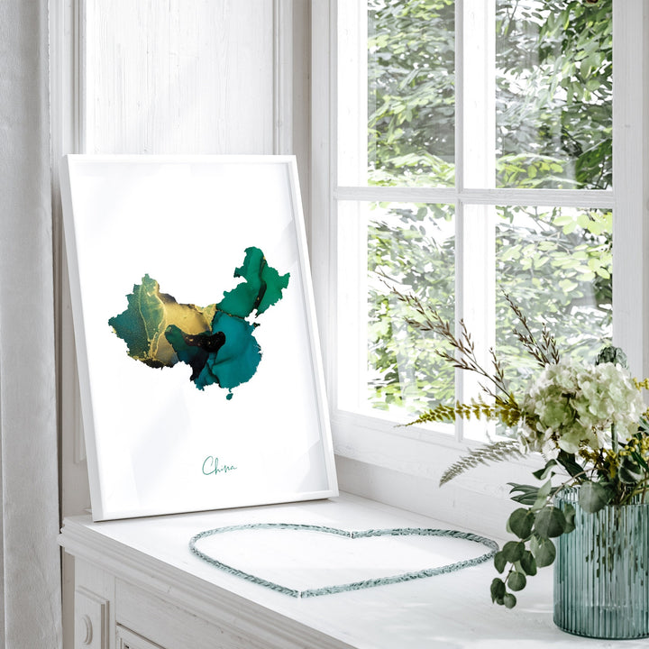 China Map Emerald Green and Gold Wall Art Print