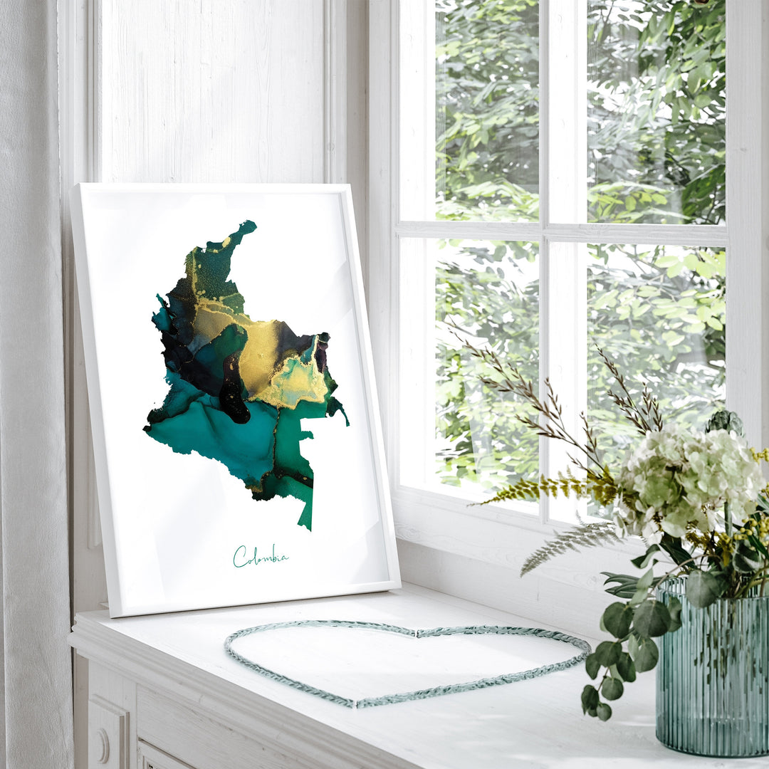 Colombia Map Emerald Green and Gold Wall Art Print