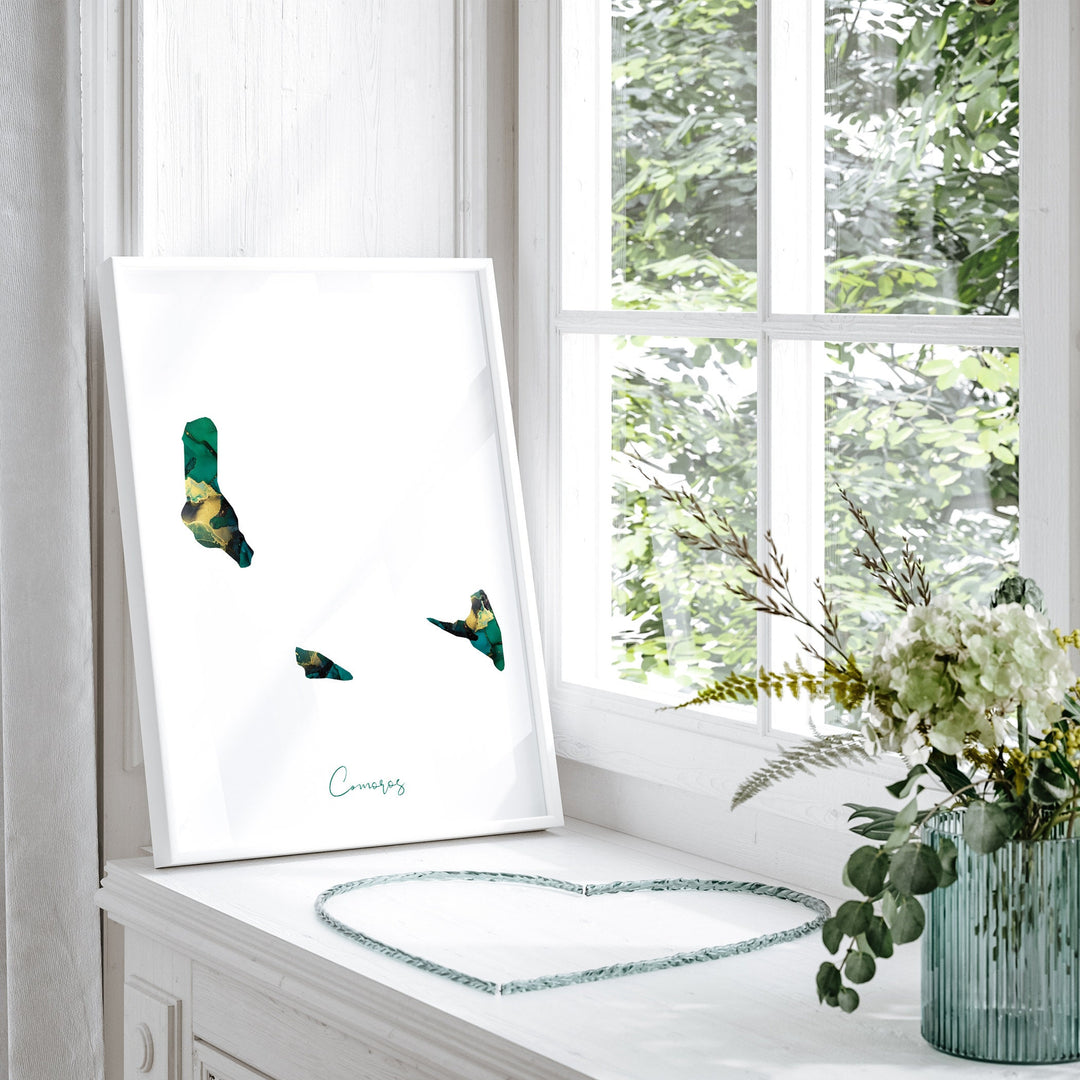 Comoros Map Emerald Green and Gold Wall Art Print