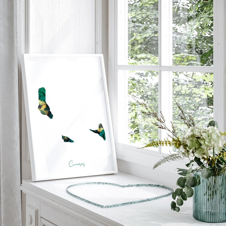 Comoros Map Emerald Green and Gold Wall Art Print