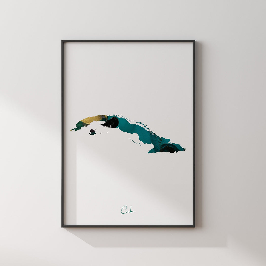 Cuba Map Emerald Green and Gold Wall Art Print