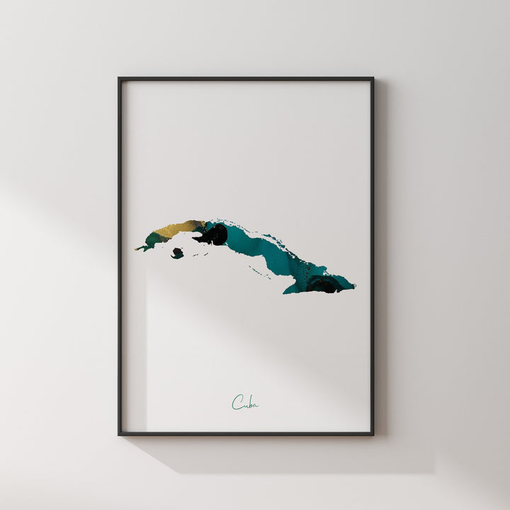 Cuba Map Emerald Green and Gold Wall Art Print