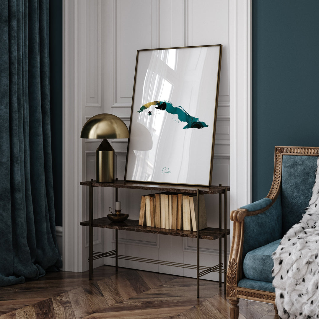 Cuba Map Emerald Green and Gold Wall Art Print