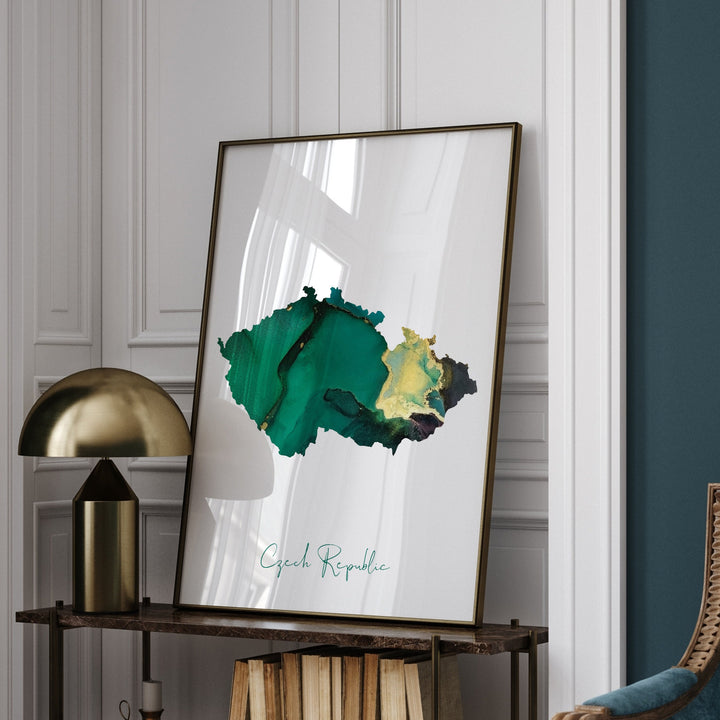 Czech Republic Map Emerald Green and Gold Wall Art Print