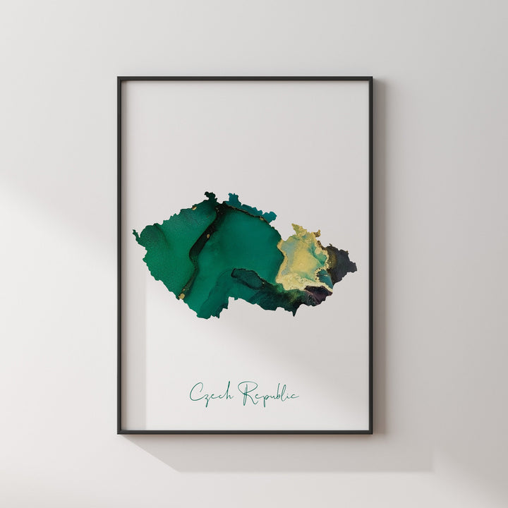 Czech Republic Map Emerald Green and Gold Wall Art Print