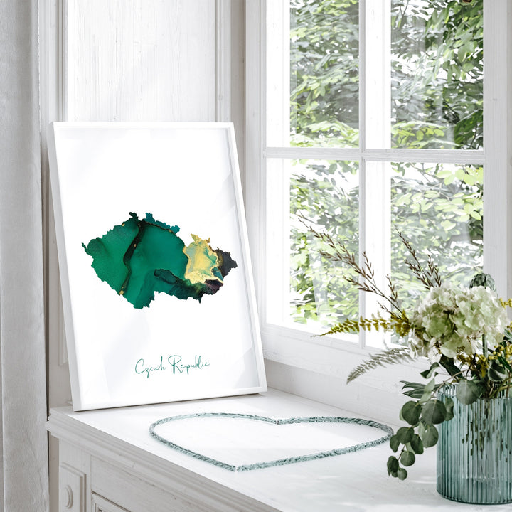 Czech Republic Map Emerald Green and Gold Wall Art Print