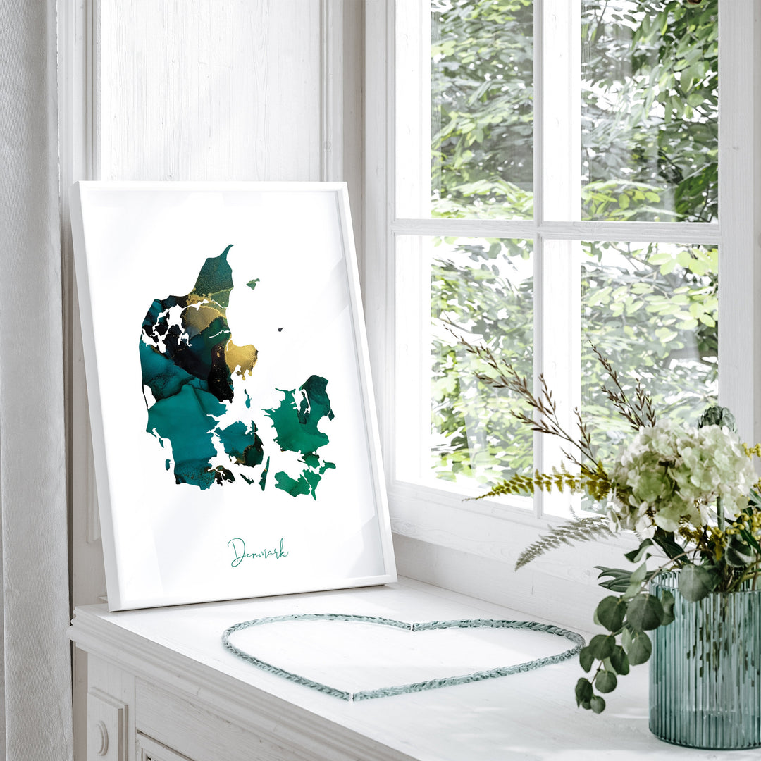 Denmark Map Emerald Green and Gold Wall Art Print