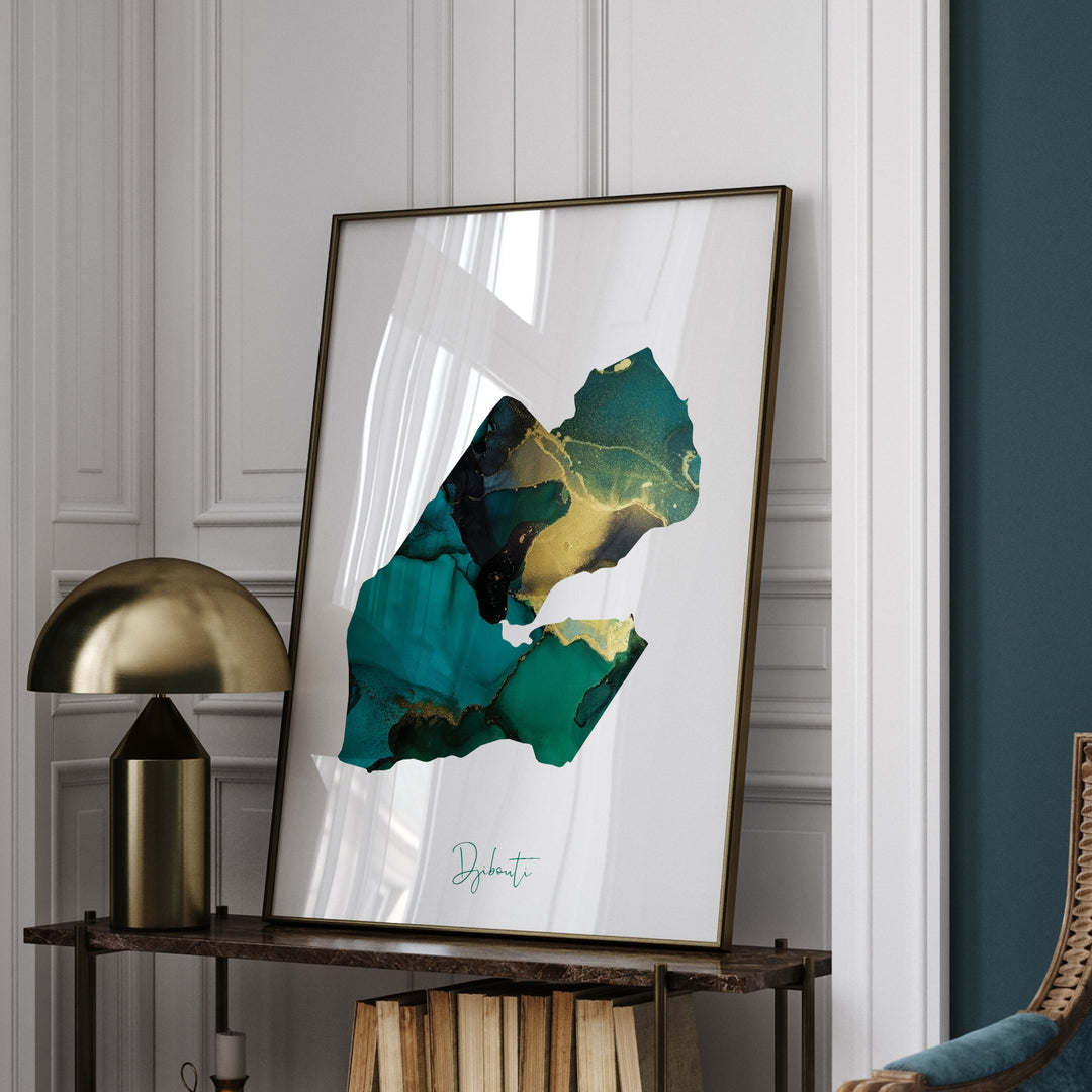 Djibouti Map Emerald Green and Gold Wall Art Print