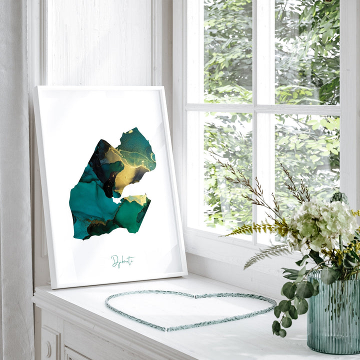 Djibouti Map Emerald Green and Gold Wall Art Print