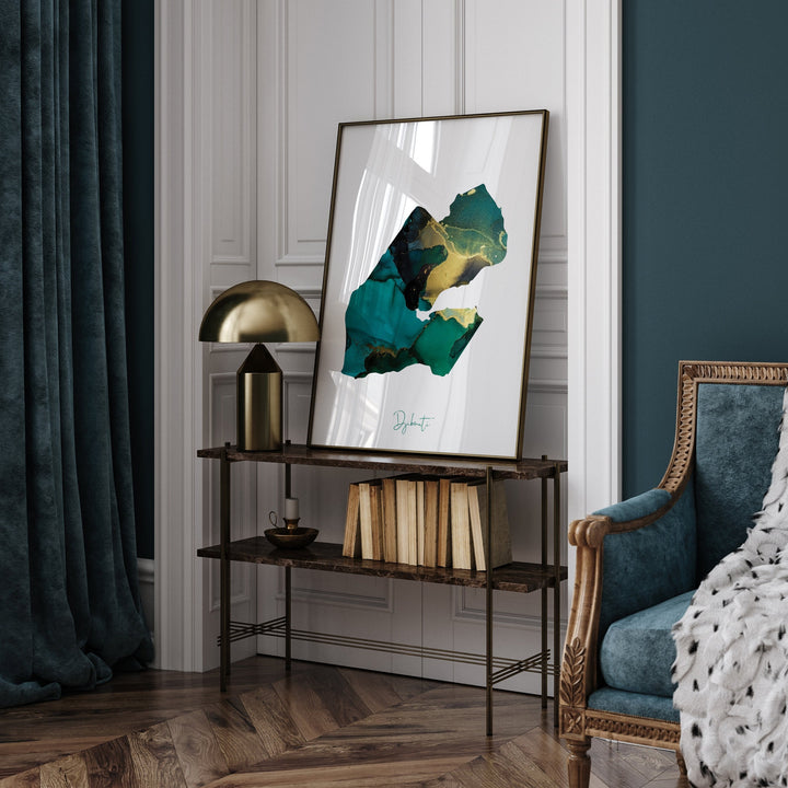 Djibouti Map Emerald Green and Gold Wall Art Print