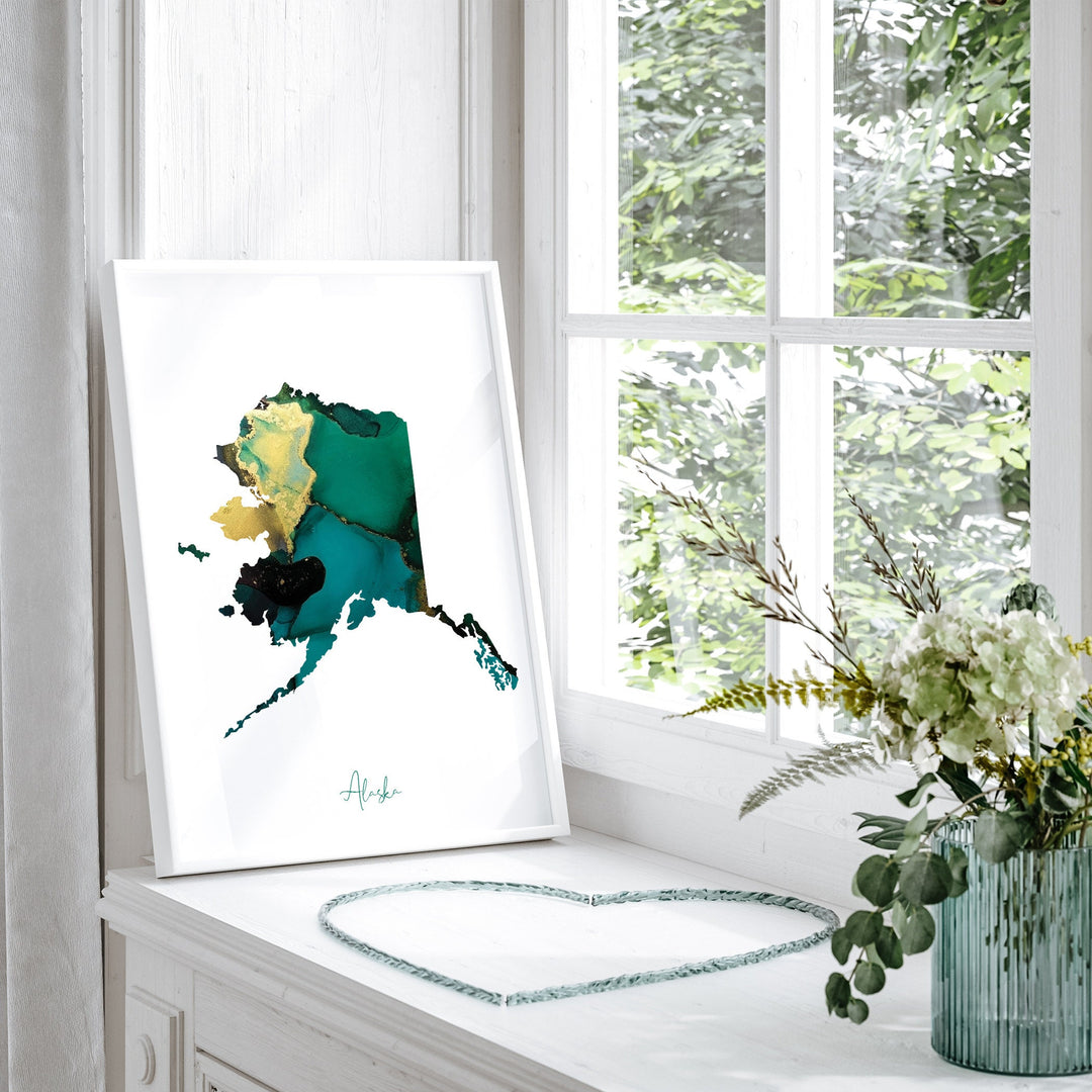 Alaska Map Emerald Green and Gold Wall Art Print | US State | USA | United States of America
