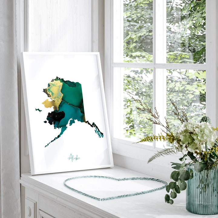 Alaska Map Emerald Green and Gold Wall Art Print | US State | USA | United States of America