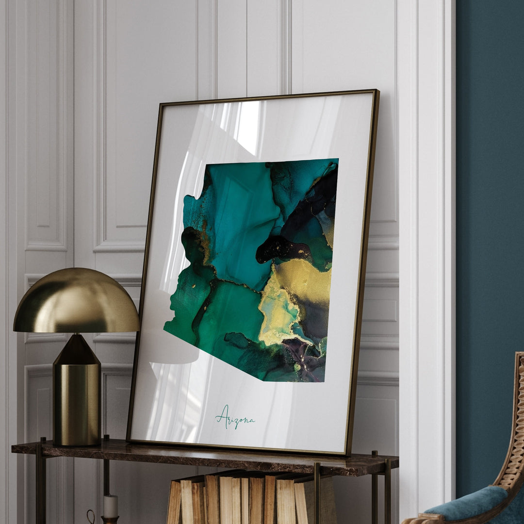 Arizona Map Emerald Green and Gold Wall Art Print | US State | USA | United States of America