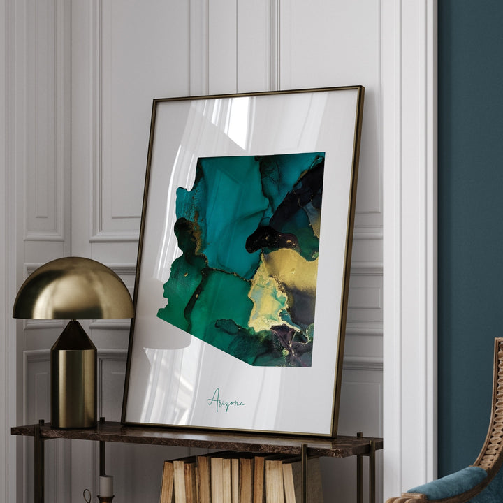 Arizona Map Emerald Green and Gold Wall Art Print | US State | USA | United States of America