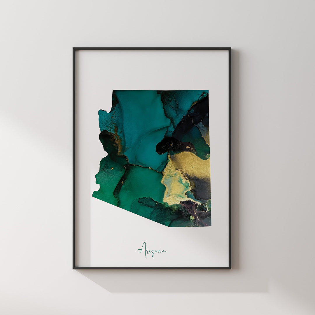 Arizona Map Emerald Green and Gold Wall Art Print | US State | USA | United States of America