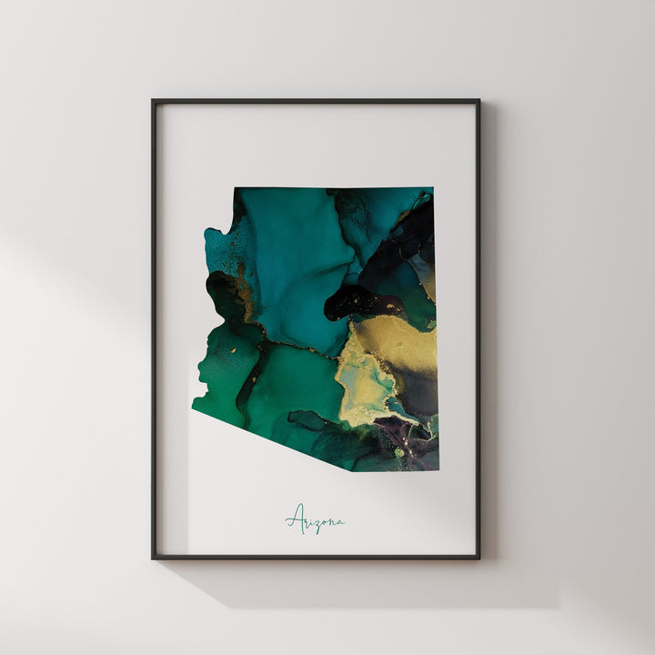 Arizona Map Emerald Green and Gold Wall Art Print | US State | USA | United States of America
