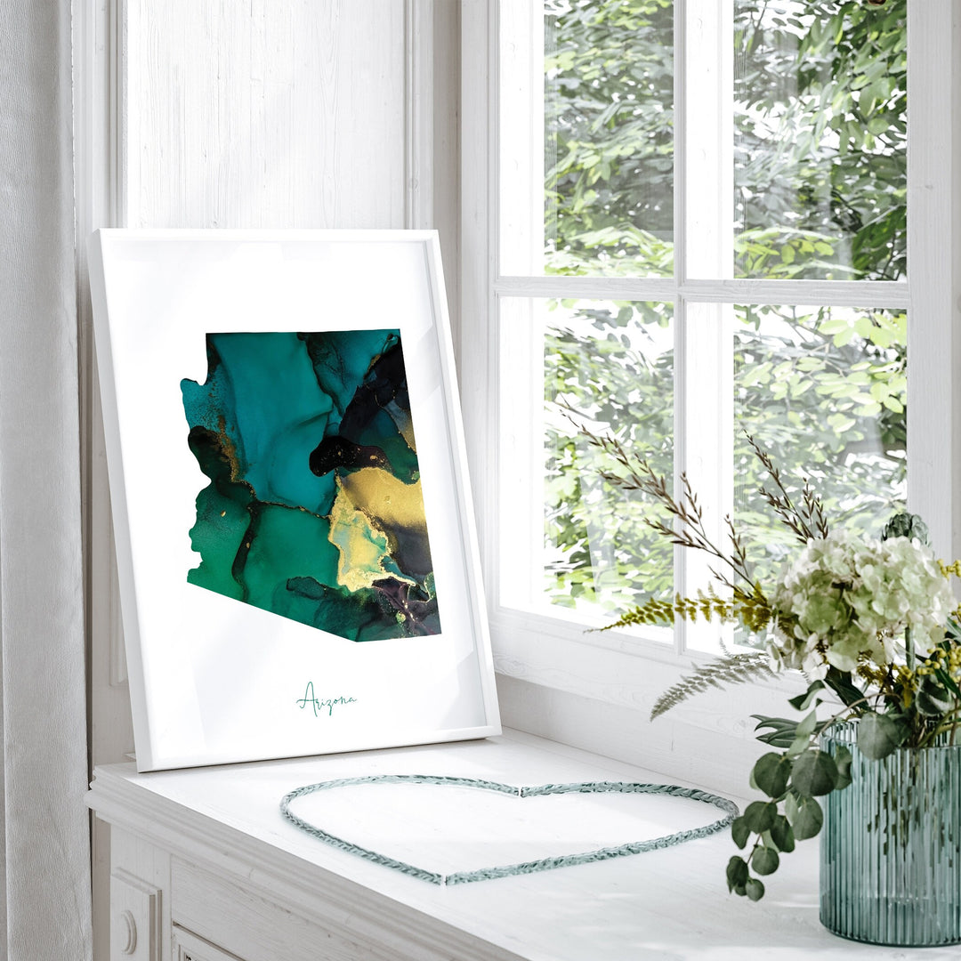 Arizona Map Emerald Green and Gold Wall Art Print | US State | USA | United States of America