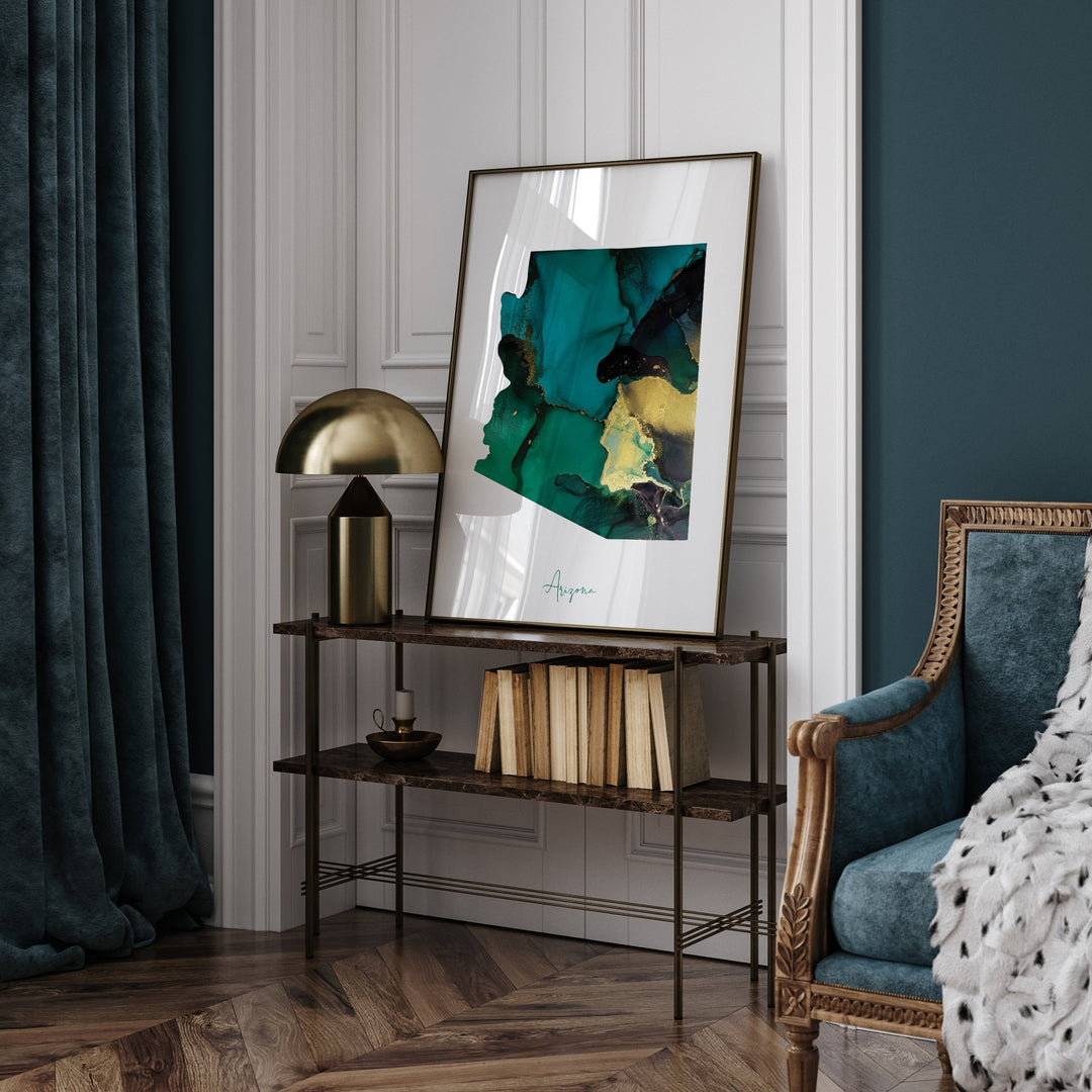 Arizona Map Emerald Green and Gold Wall Art Print | US State | USA | United States of America