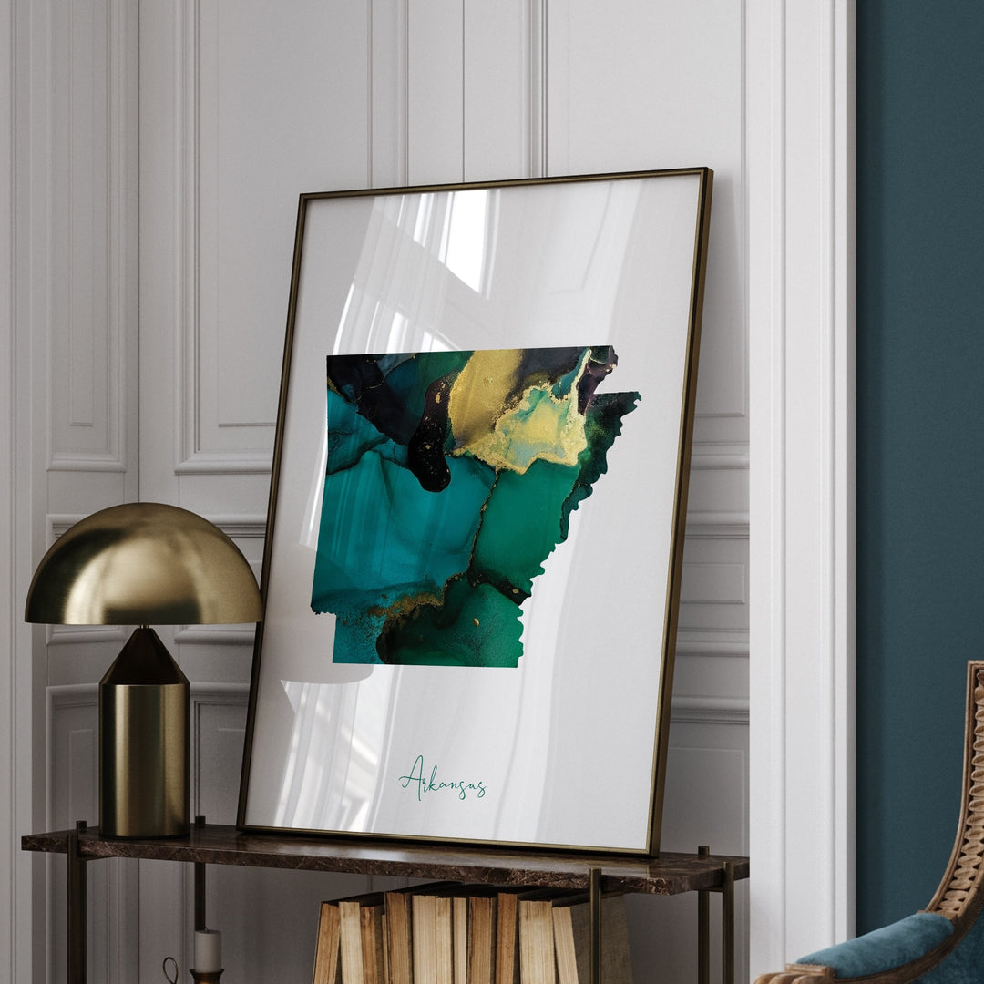 Arkansas Map Emerald Green and Gold Wall Art Print | US State | USA | United States of America