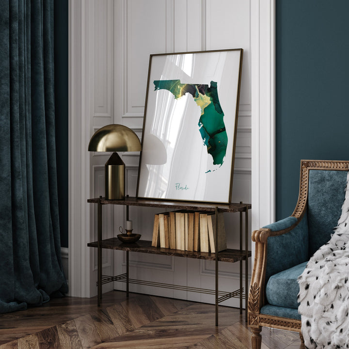 Florida Map Emerald Green and Gold Wall Art Print | US State | USA | United States of America