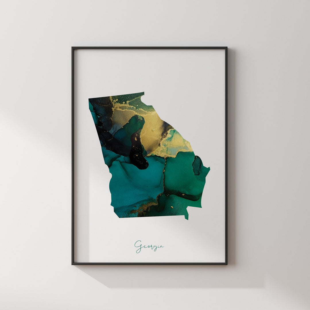 Georgia Map Emerald Green and Gold Wall Art Print | US State | USA | United States of America