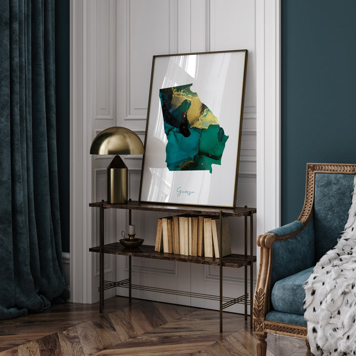 Georgia Map Emerald Green and Gold Wall Art Print | US State | USA | United States of America