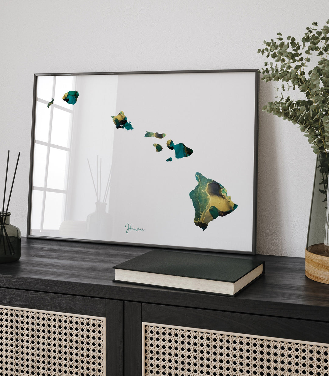 Hawaii Map Emerald Green and Gold Wall Art Print | US State | USA | United States of America