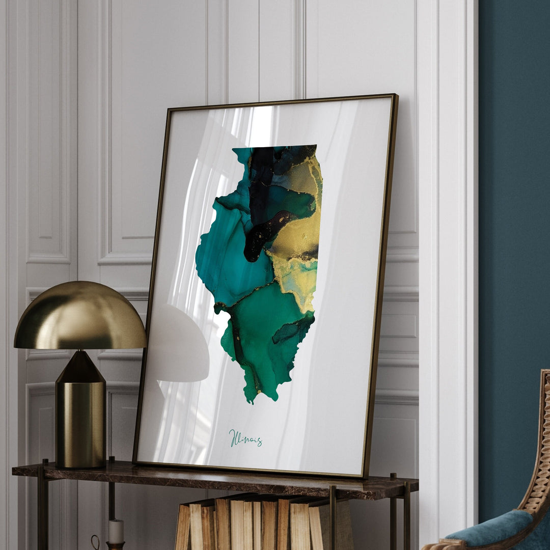 Illinois Map Emerald Green and Gold Wall Art Print | US State | USA | United States of America