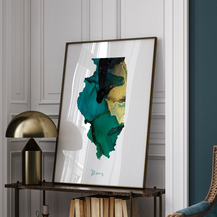 Illinois Map Emerald Green and Gold Wall Art Print | US State | USA | United States of America