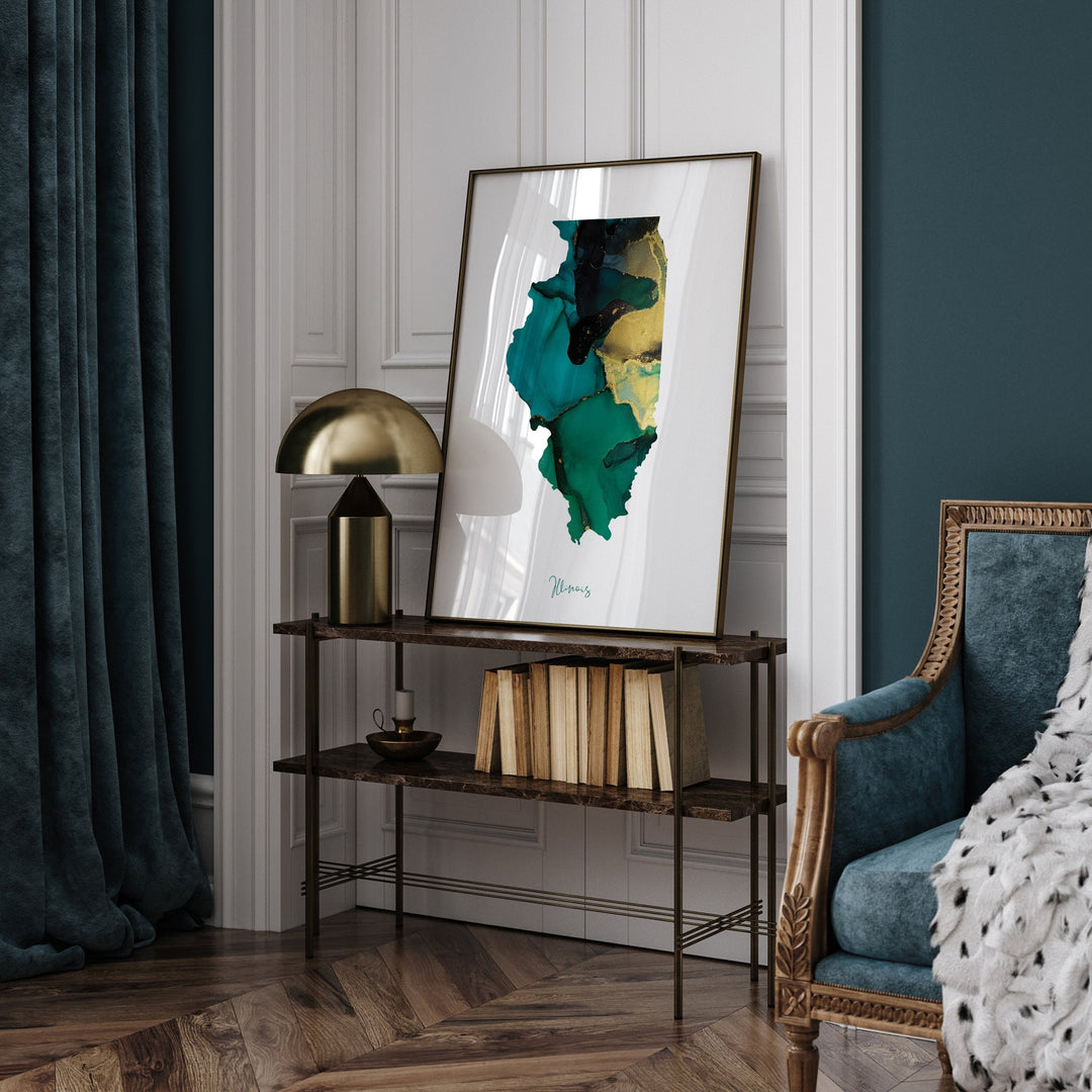 Illinois Map Emerald Green and Gold Wall Art Print | US State | USA | United States of America