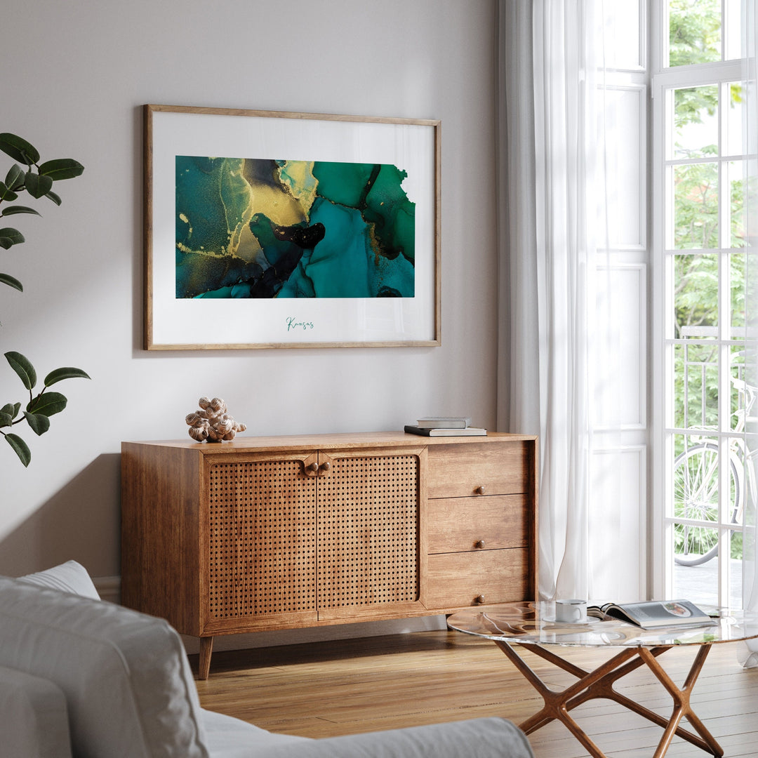 Kansas Map Emerald Green and Gold Wall Art Print | US State | USA | United States of America