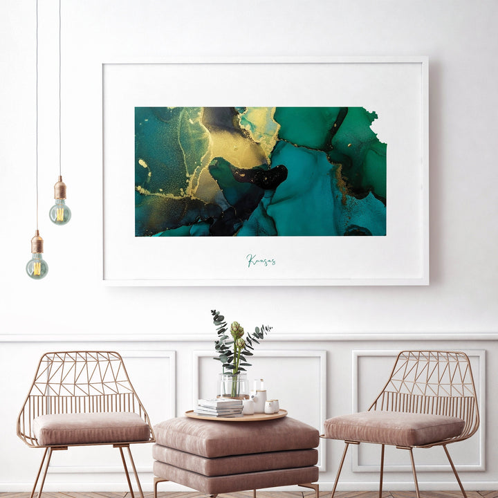 Kansas Map Emerald Green and Gold Wall Art Print | US State | USA | United States of America