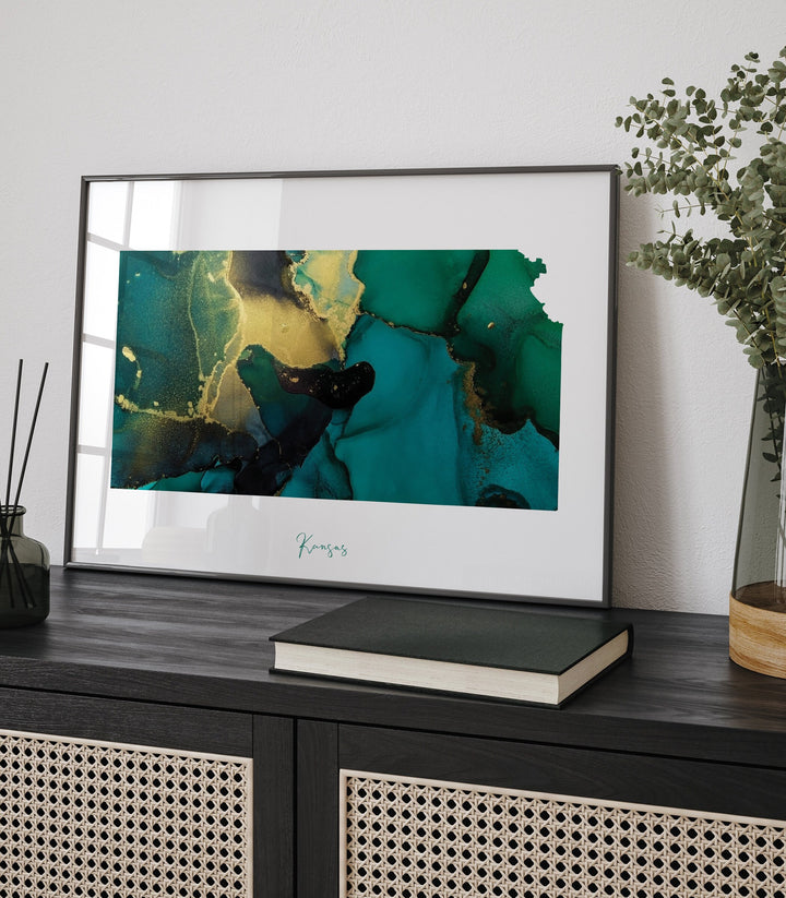 Kansas Map Emerald Green and Gold Wall Art Print | US State | USA | United States of America