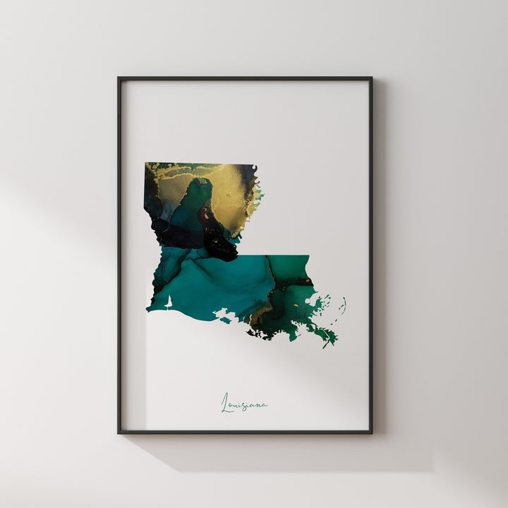 Louisiana Map Emerald Green and Gold Wall Art Print | US State | USA | United States of America