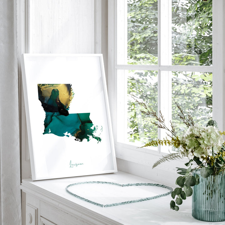 Louisiana Map Emerald Green and Gold Wall Art Print | US State | USA | United States of America