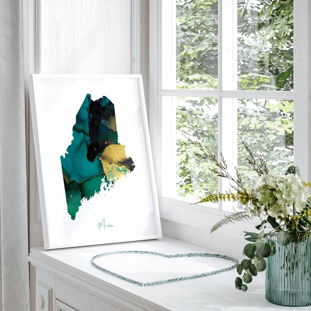 Maine Map Emerald Green and Gold Wall Art Print | US State | USA | United States of America