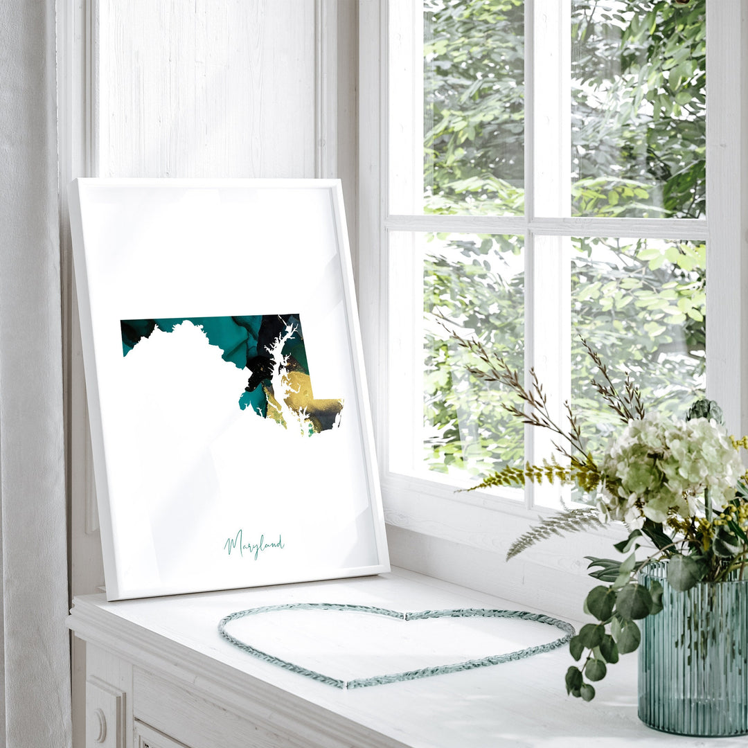 Maryland Map Emerald Green and Gold Wall Art Print | US State | USA | United States of America