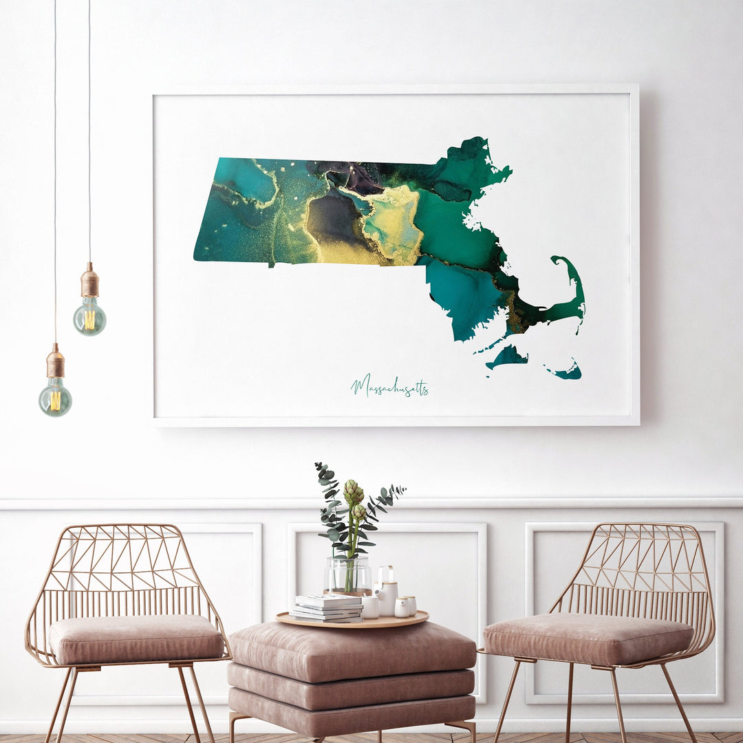 Massachusetts Map Emerald Green and Gold Wall Art Print | US State | USA | United States of America