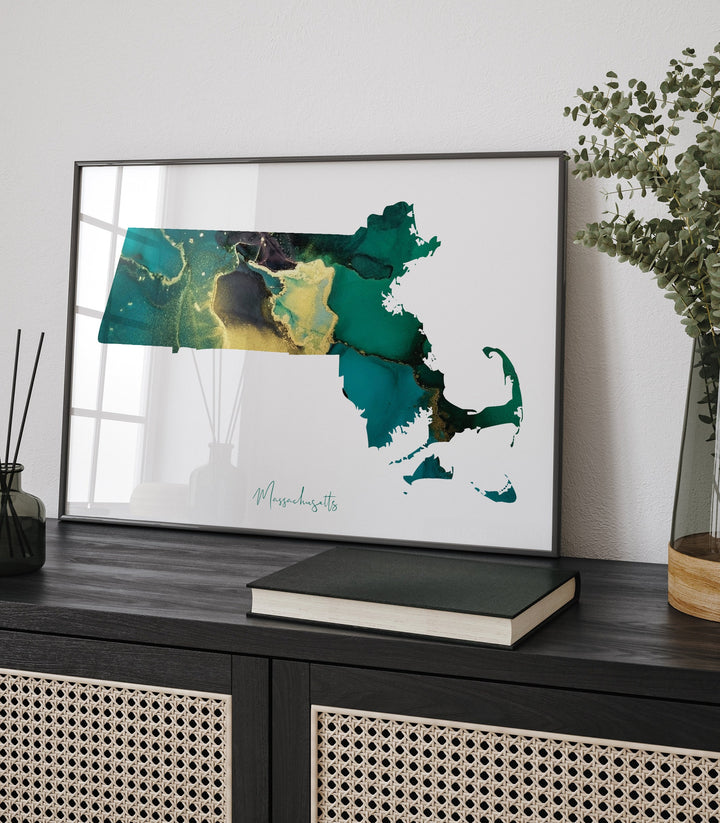 Massachusetts Map Emerald Green and Gold Wall Art Print | US State | USA | United States of America