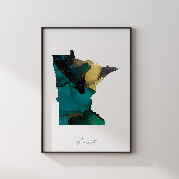 Minnesota Map Emerald Green and Gold Wall Art Print | US State | USA | United States of America
