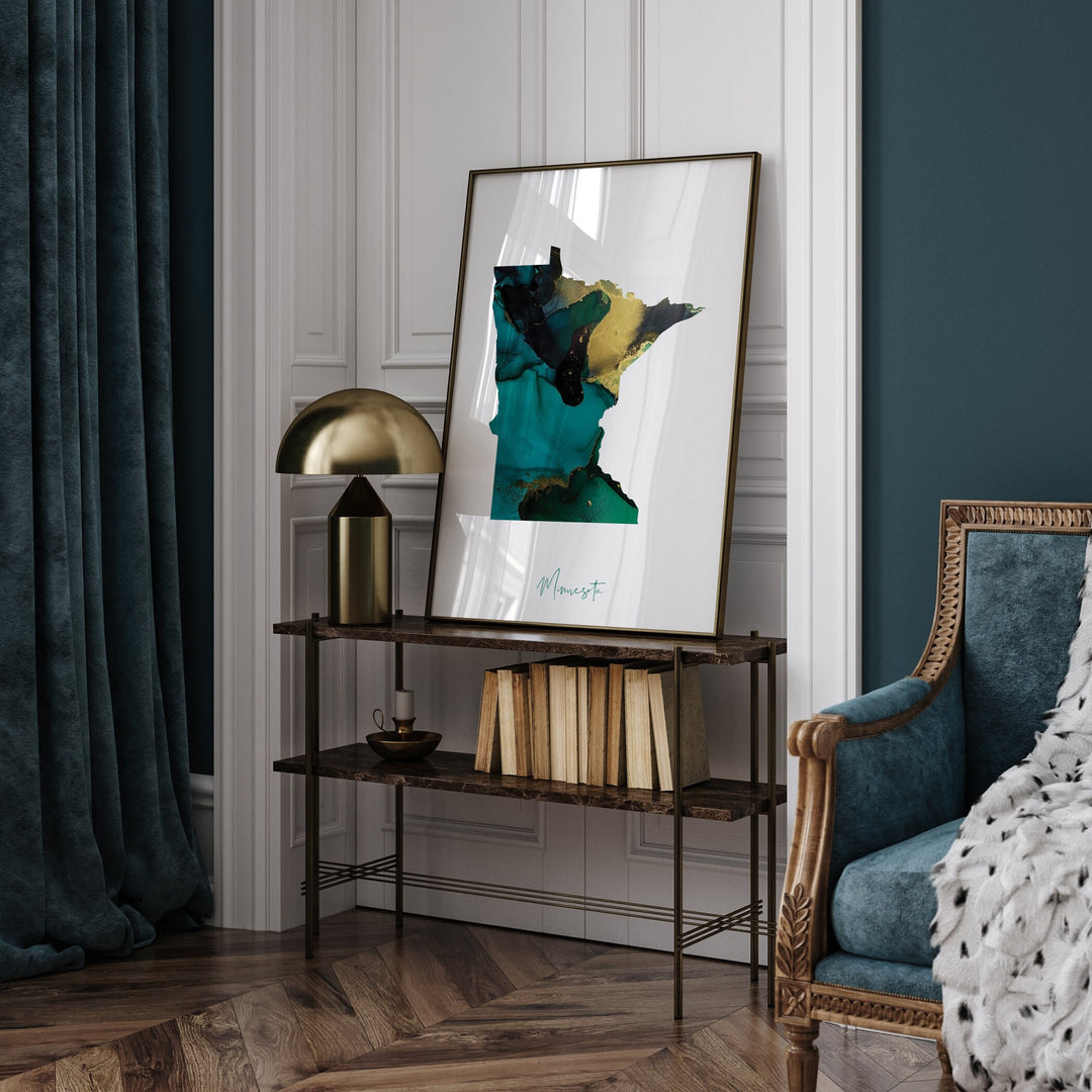 Minnesota Map Emerald Green and Gold Wall Art Print | US State | USA | United States of America