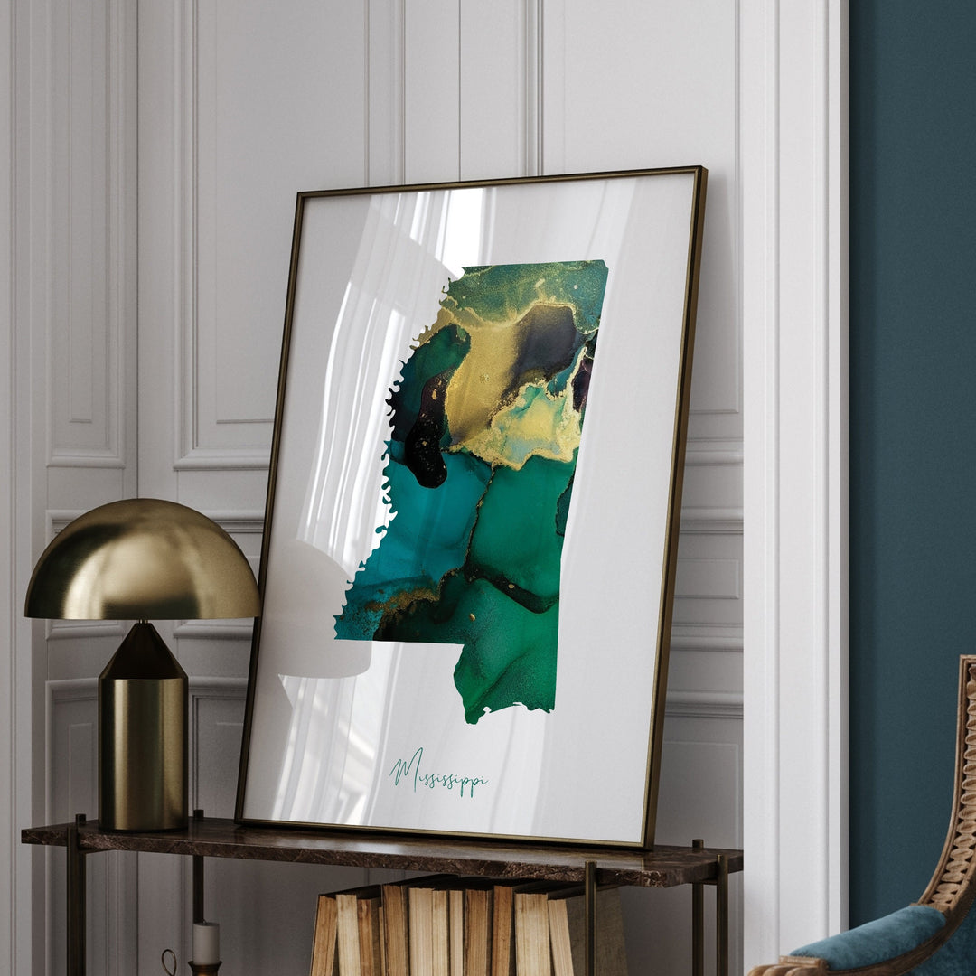 Mississippi Map Emerald Green and Gold Wall Art Print | US State | USA | United States of America