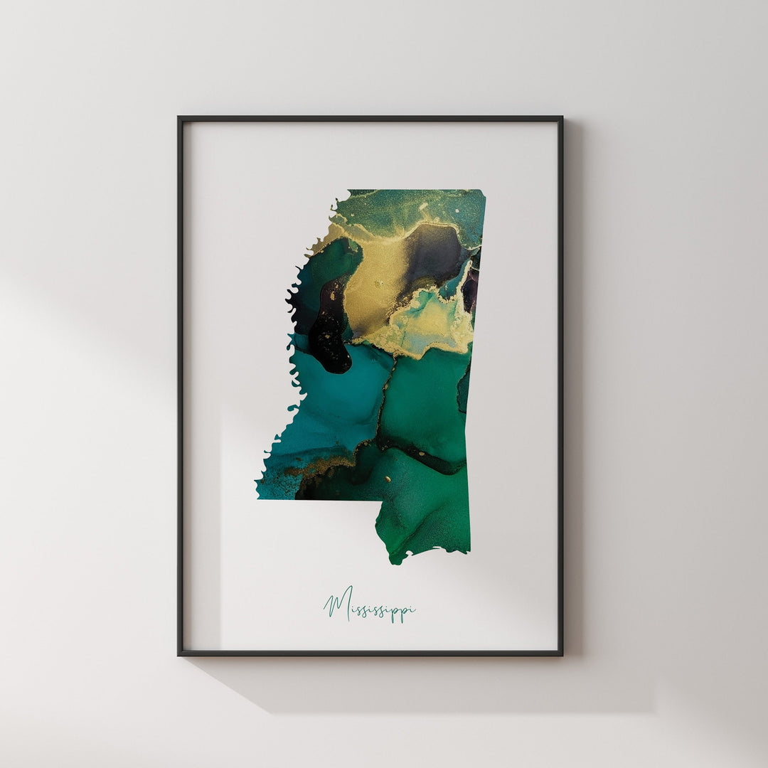 Mississippi Map Emerald Green and Gold Wall Art Print | US State | USA | United States of America