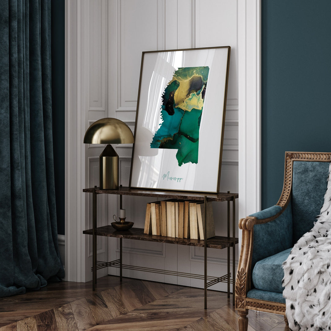 Mississippi Map Emerald Green and Gold Wall Art Print | US State | USA | United States of America