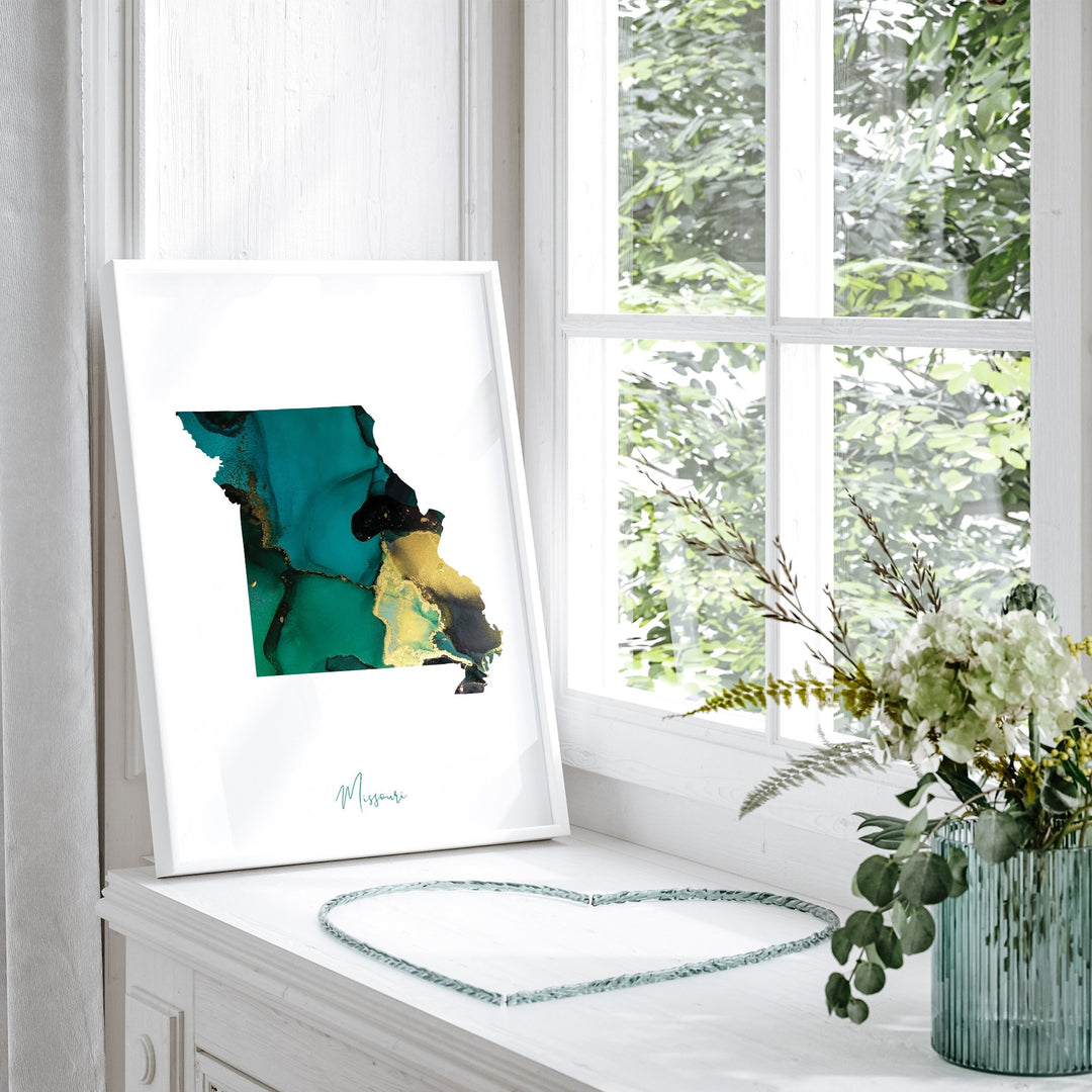 Missouri Map Emerald Green and Gold Wall Art Print | US State | USA | United States of America
