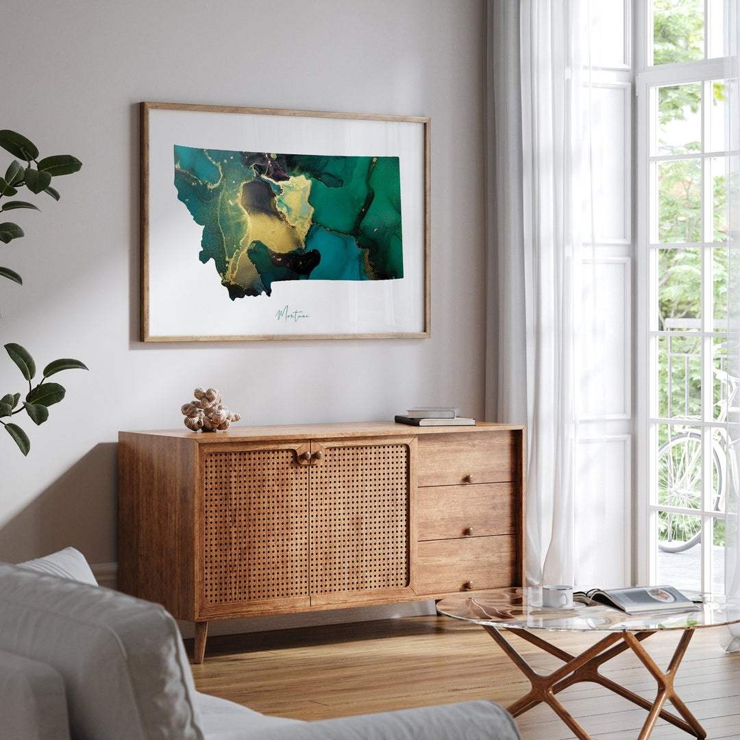 Montana Map Emerald Green and Gold Wall Art Print | US State | USA | United States of America