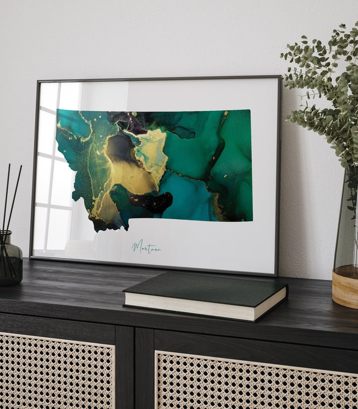 Montana Map Emerald Green and Gold Wall Art Print | US State | USA | United States of America