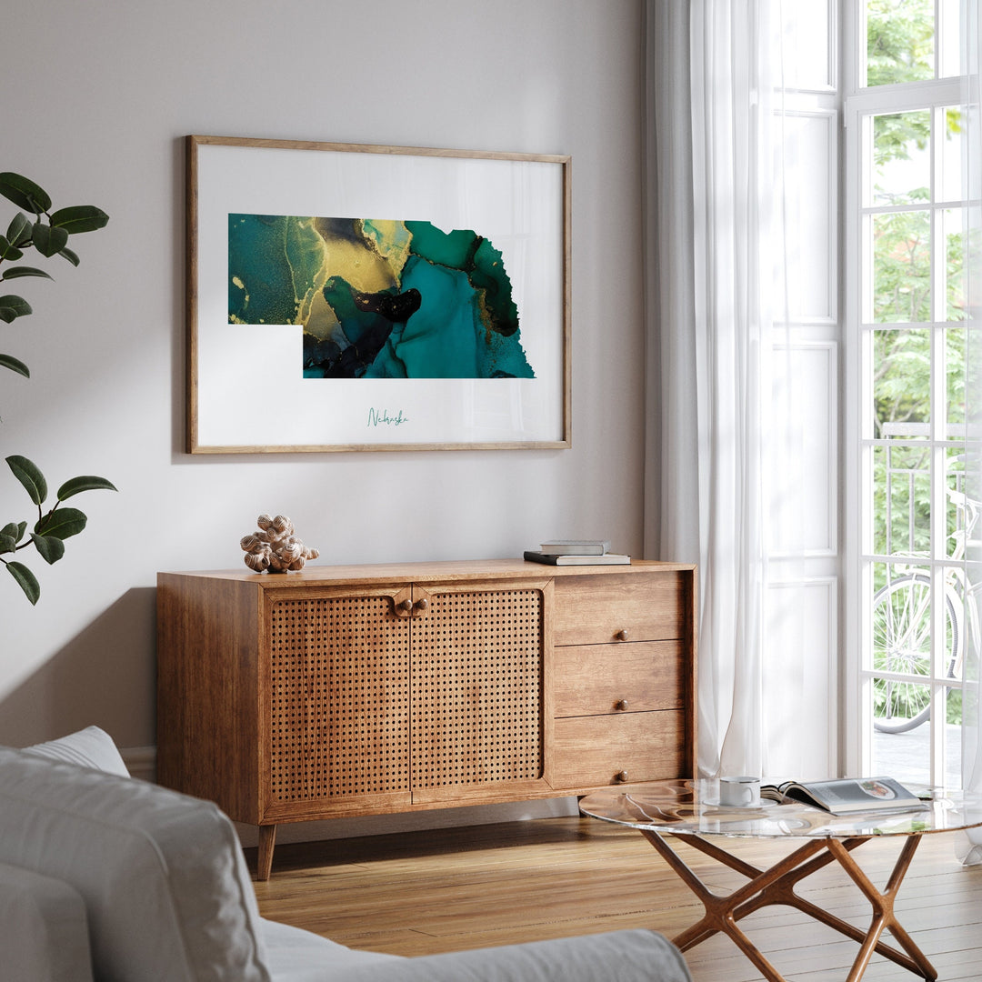 Nebraska Map Emerald Green and Gold Wall Art Print | US State | USA | United States of America