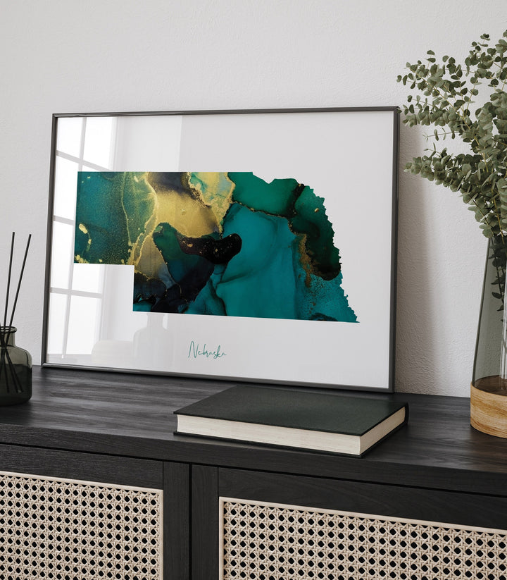 Nebraska Map Emerald Green and Gold Wall Art Print | US State | USA | United States of America