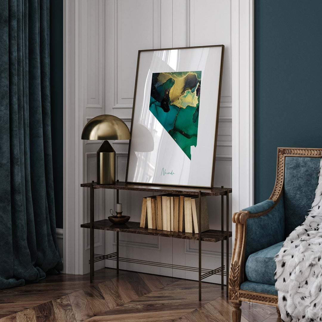 Nevada Map Emerald Green and Gold Wall Art Print | US State | USA | United States of America